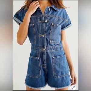 Free People We The Free Work Hard Play Harder Denim Romper Women's Size XL EUC